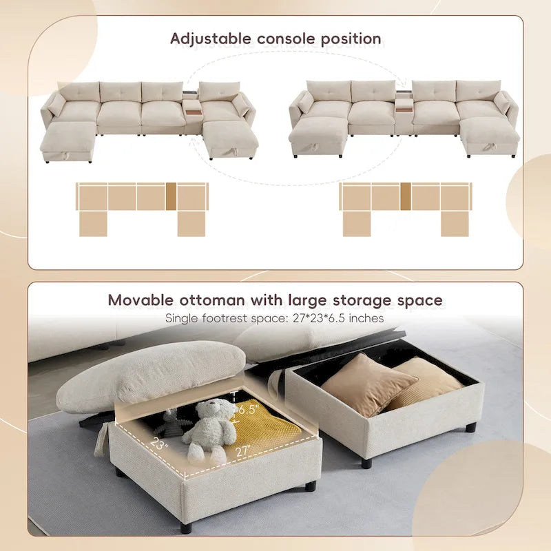 142 Modular U Shaped Sectional Sofa with Storage Ottomans and Console