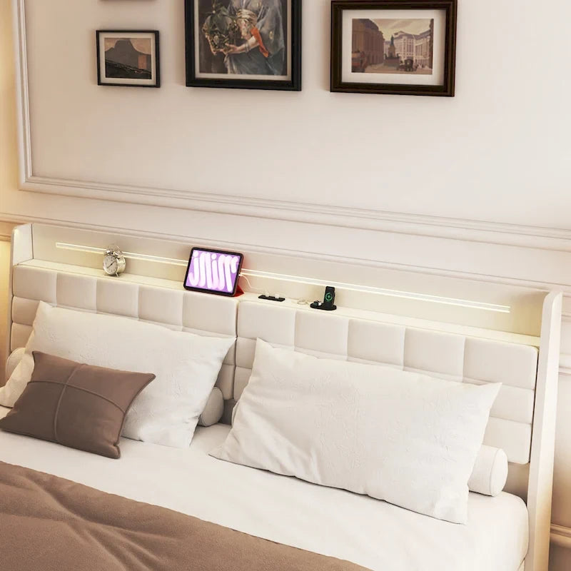 King Size Floating Upholstered Platform Bed with Hidden Storage