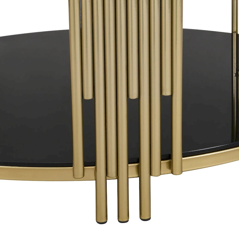 31.5 Tempered Glass Coffee Table with Asymmetrical Metal Design and Lower Shelf
