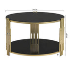 31.5 Tempered Glass Coffee Table with Asymmetrical Metal Design and Lower Shelf