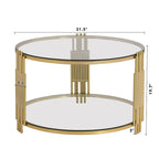 31.5 Tempered Glass Coffee Table with Asymmetrical Metal Design and Lower Shelf