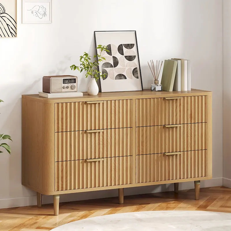 Moasis 6 Drawer Dresser Wood Storage Dresser Organizer with Waveform Fluted Panel