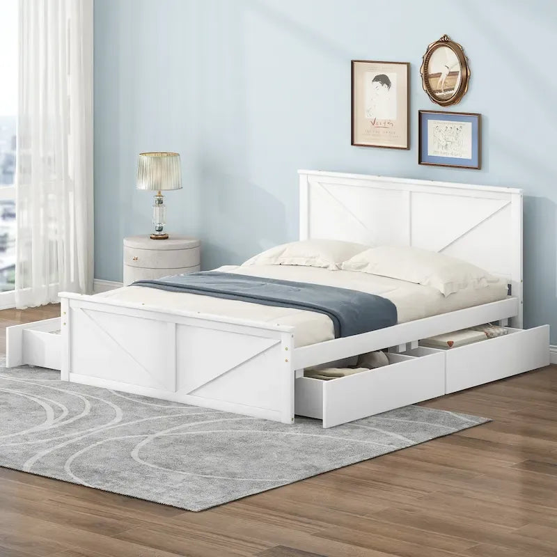 Antique White Queen Size Wooden Platform Bed with Four Storage Drawers