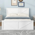 Antique White Queen Size Wooden Platform Bed with Four Storage Drawers
