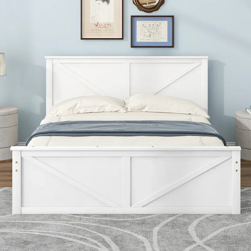 Antique White Queen Size Wooden Platform Bed with Four Storage Drawers