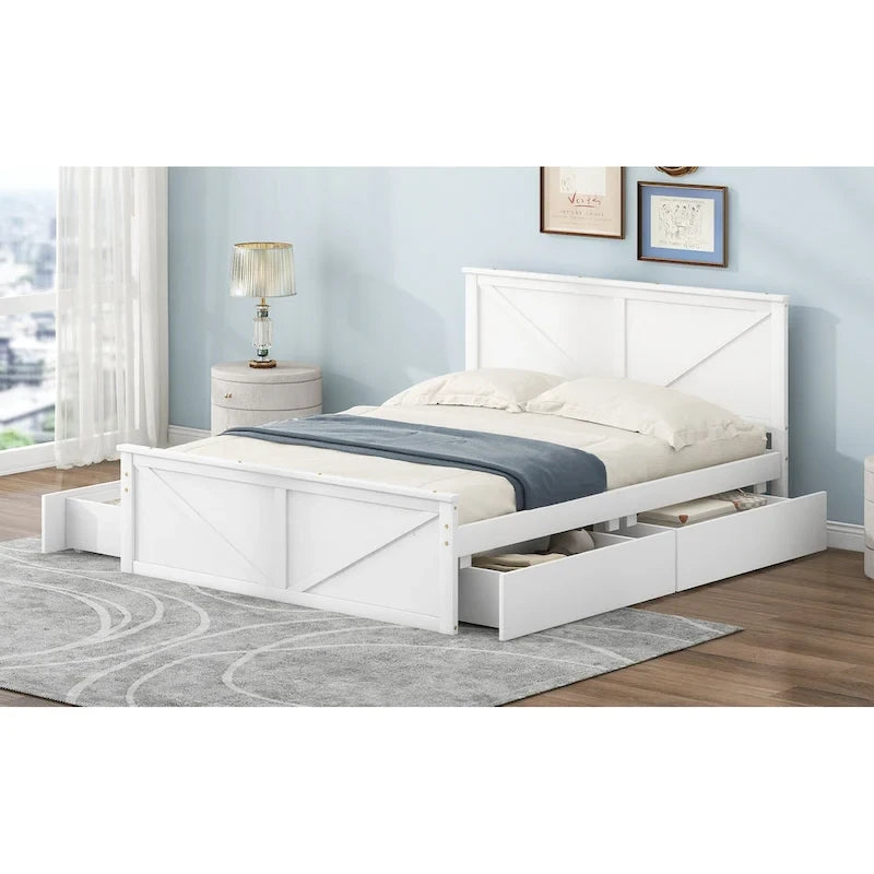 Antique White Queen Size Wooden Platform Bed with Four Storage Drawers