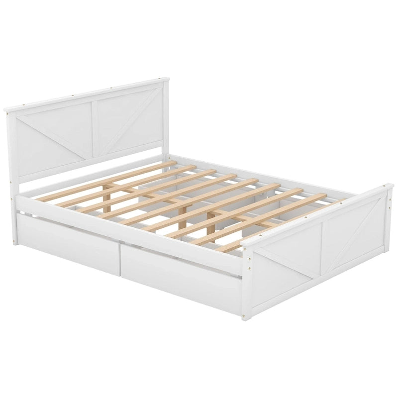 Antique White Queen Size Wooden Platform Bed with Four Storage Drawers