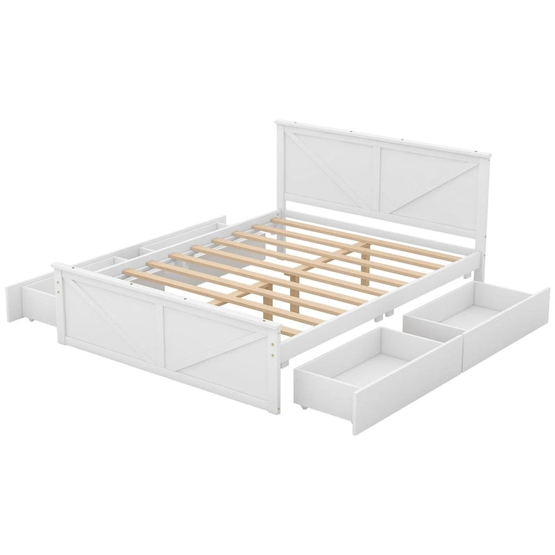 Antique White Queen Size Wooden Platform Bed with Four Storage Drawers
