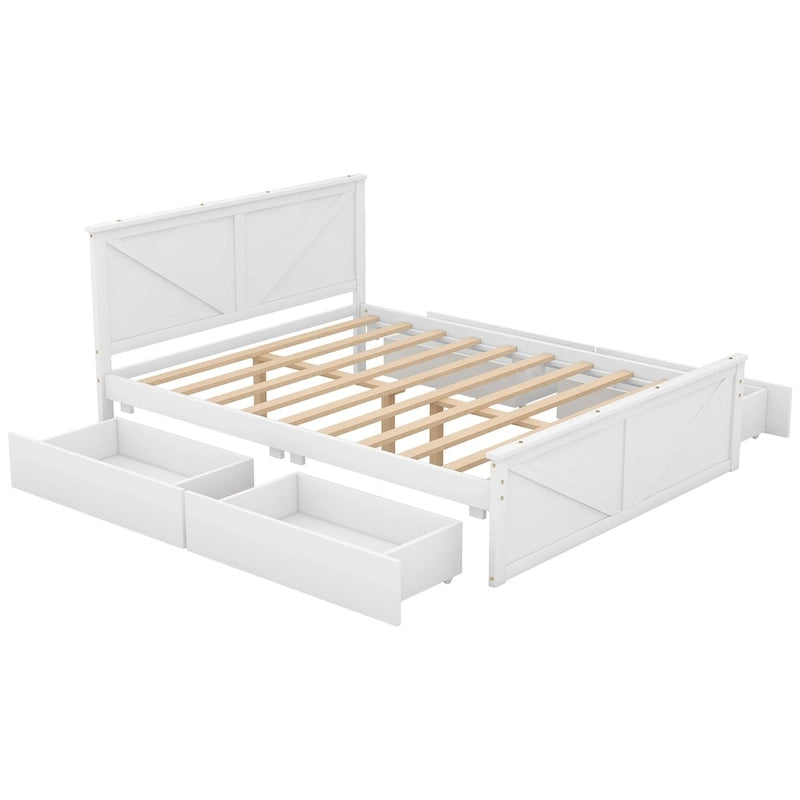Antique White Queen Size Wooden Platform Bed with Four Storage Drawers