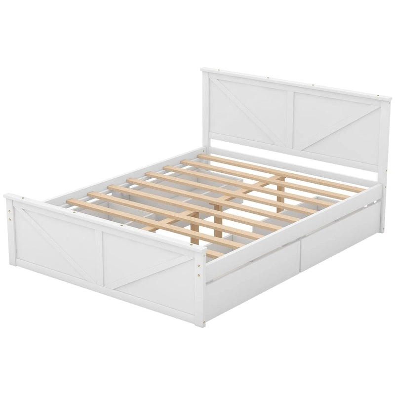 Antique White Queen Size Wooden Platform Bed with Four Storage Drawers