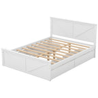Antique White Queen Size Wooden Platform Bed with Four Storage Drawers