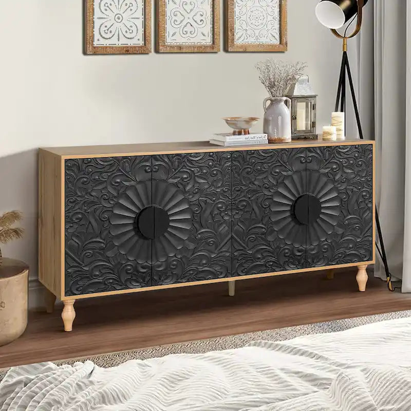 63 Accent TV Stand with Carved Doors & Wood Legs for Living Room