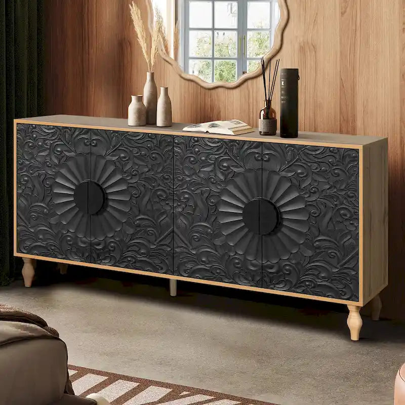 63 Accent TV Stand with Carved Doors & Wood Legs for Living Room
