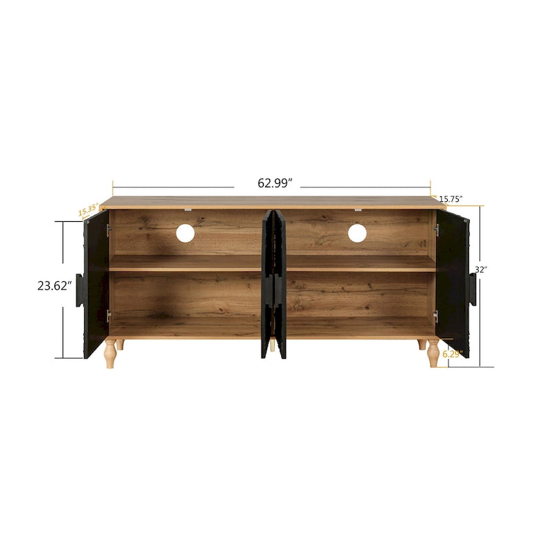 63 Accent TV Stand with Carved Doors & Wood Legs for Living Room