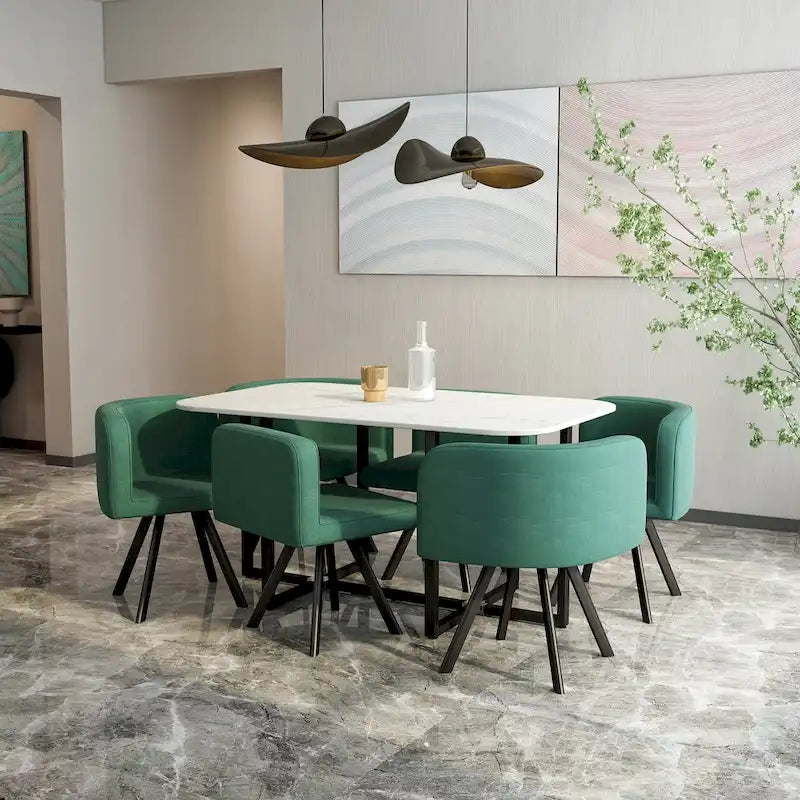 Modern 7-Piece Dining Set with Rectangular Marble Table & 6 Upholstered Chairs