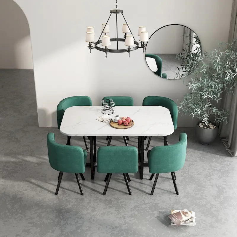 Modern 7-Piece Dining Set with Rectangular Marble Table & 6 Upholstered Chairs