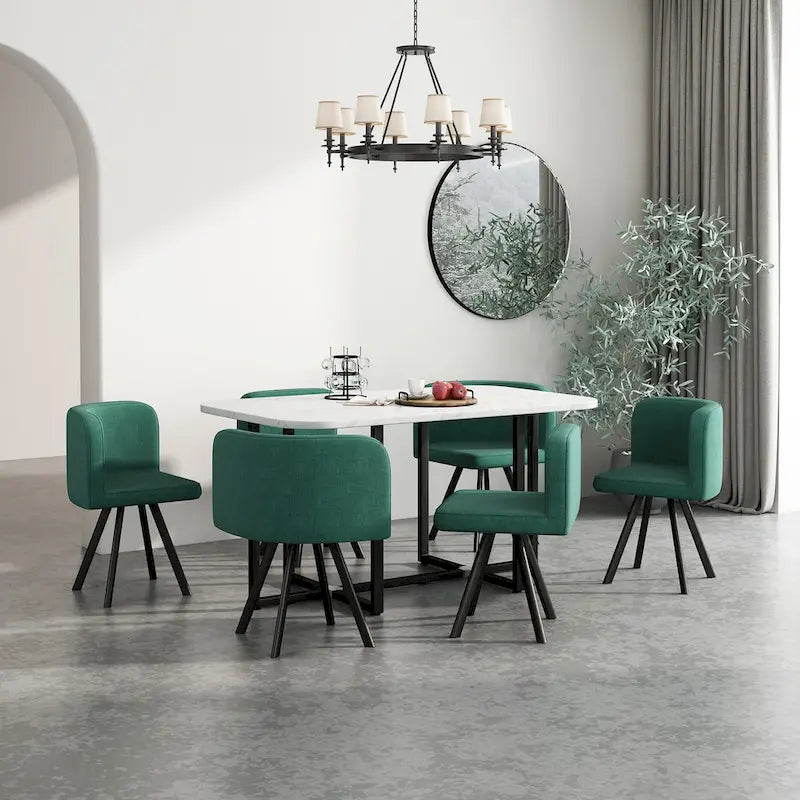 Modern 7-Piece Dining Set with Rectangular Marble Table & 6 Upholstered Chairs