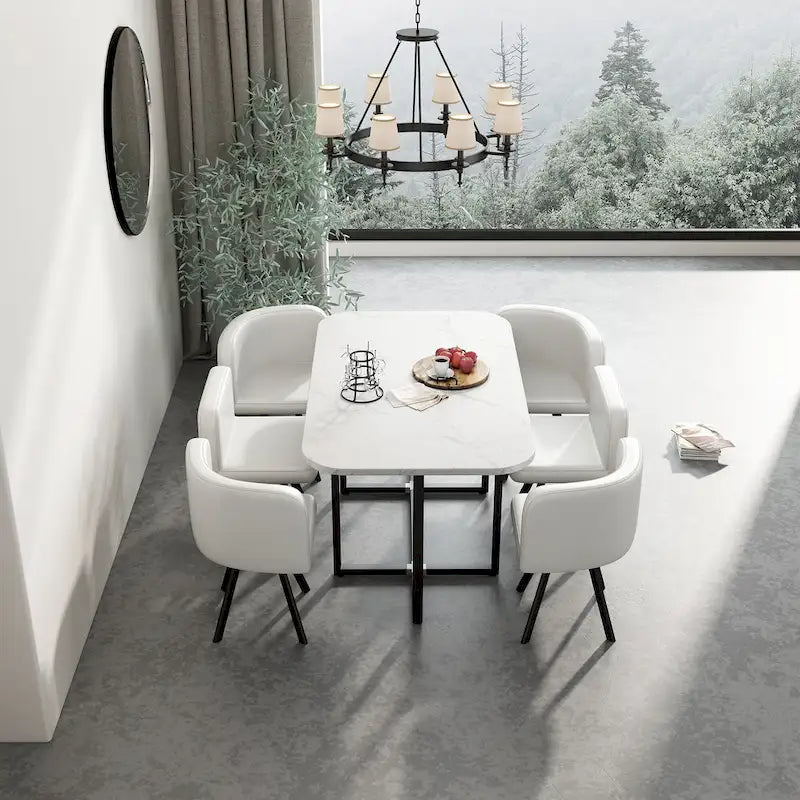 Modern 7-Piece Dining Set with Rectangular Marble Table & 6 Upholstered Chairs