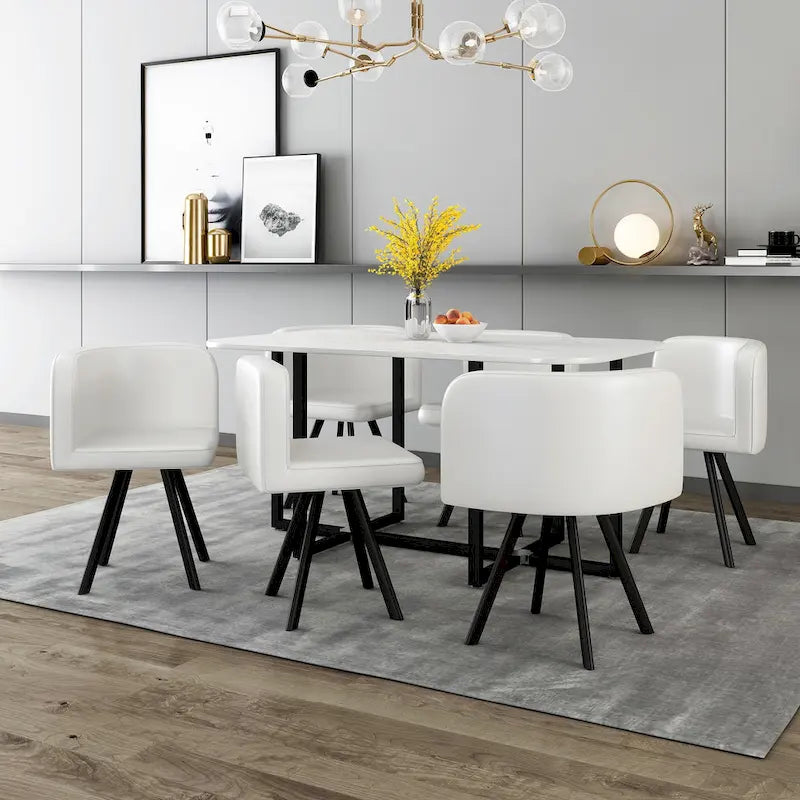 Modern 7-Piece Dining Set with Rectangular Marble Table & 6 Upholstered Chairs