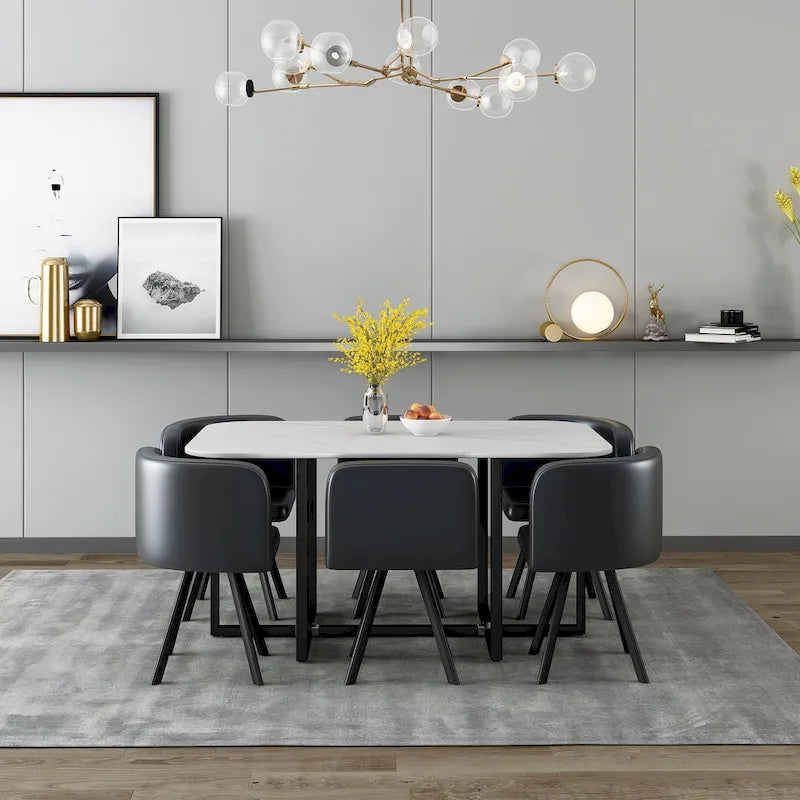 Modern 7-Piece Dining Set with Rectangular Marble Table & 6 Upholstered Chairs