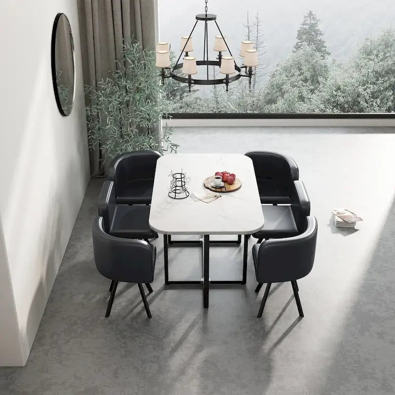 Modern 7-Piece Dining Set with Rectangular Marble Table & 6 Upholstered Chairs