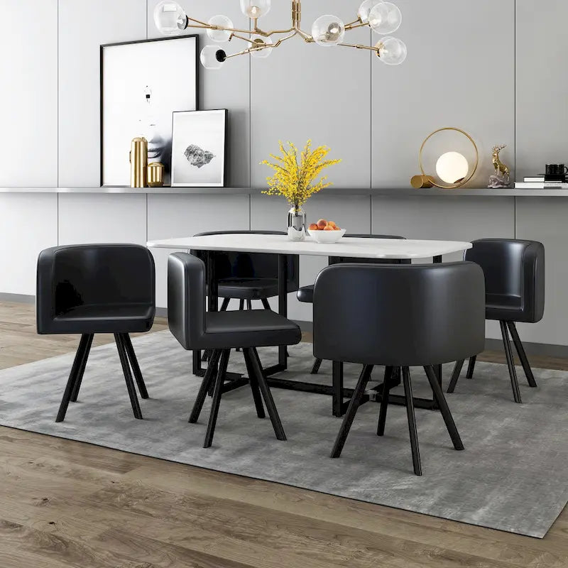 Modern 7-Piece Dining Set with Rectangular Marble Table & 6 Upholstered Chairs