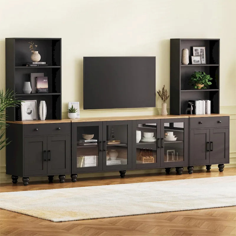 Mobile TV stile rustico con mensole e ante in vetro temperato, nero + noce scuro, per TV fino a 70 pollici