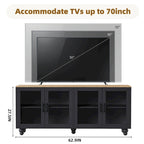 Mobile TV stile rustico con mensole e ante in vetro temperato, nero + noce scuro, per TV fino a 70 pollici