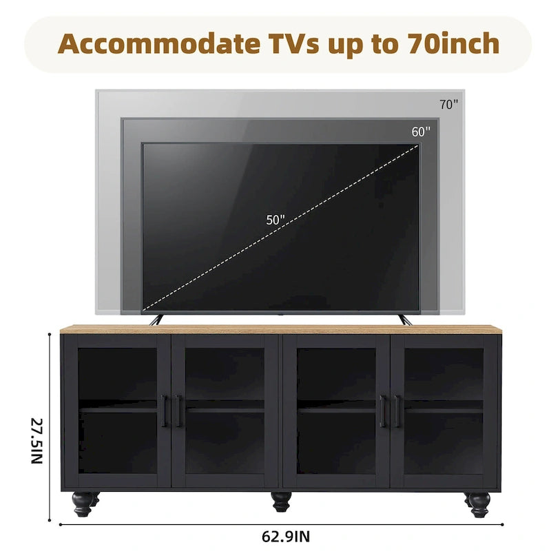Mobile TV stile rustico con mensole e ante in vetro temperato, nero + noce scuro, per TV fino a 70 pollici
