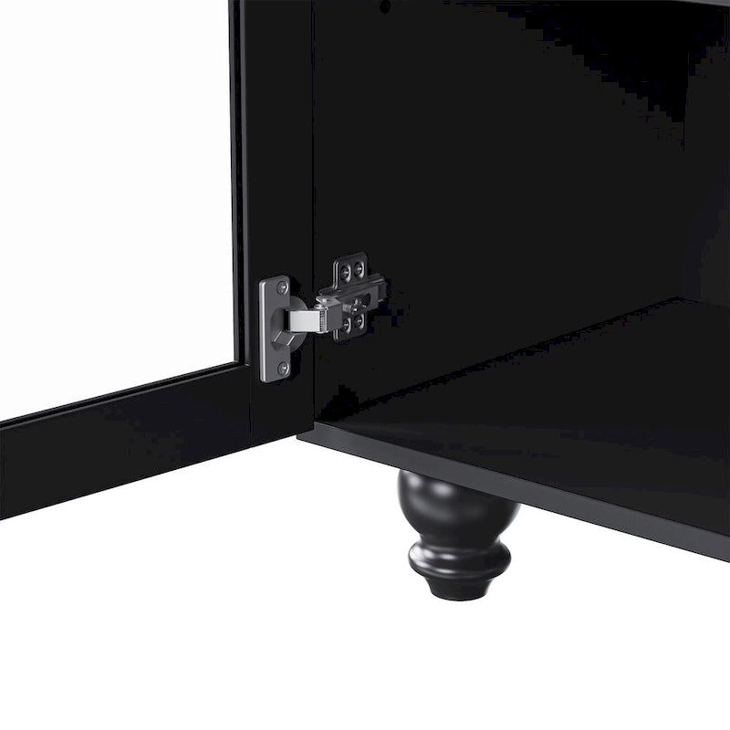Mobile TV stile rustico con mensole e ante in vetro temperato, nero + noce scuro, per TV fino a 70 pollici