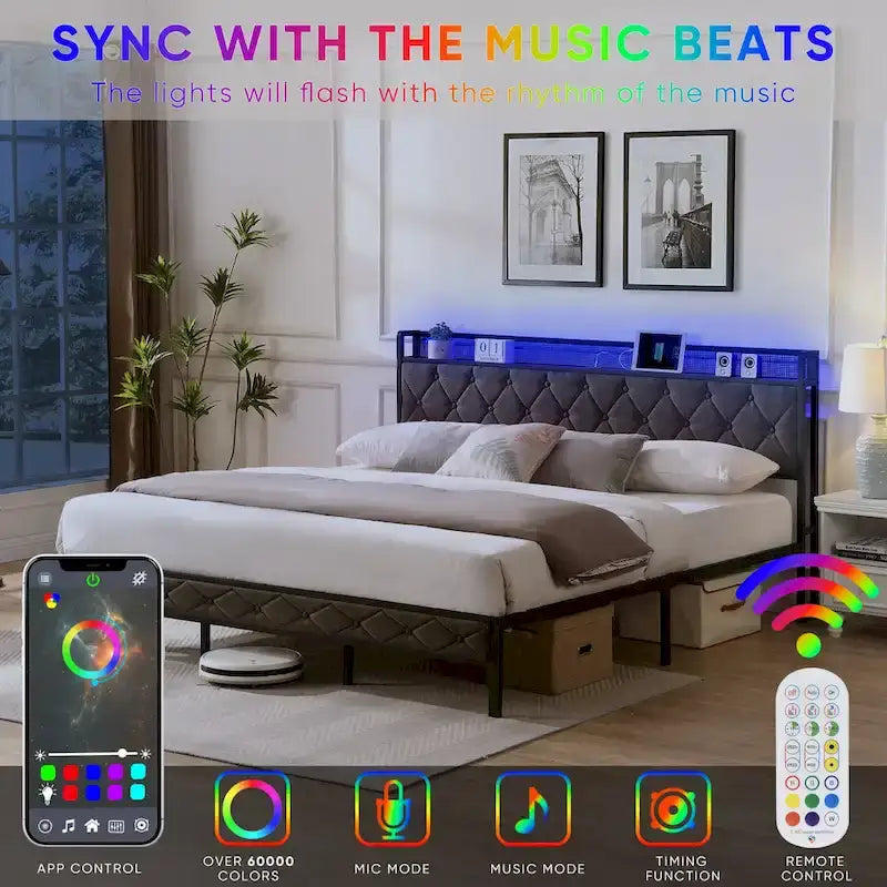 Grey Upholstered King Platform Bed with Storage Headboard, Charging Station, and LED Lights