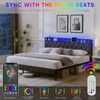 Grey Upholstered King Platform Bed with Storage Headboard, Charging Station, and LED Lights