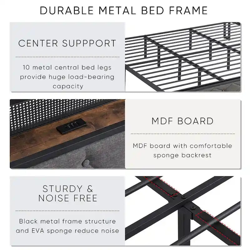 Grey Upholstered King Platform Bed with Storage Headboard, Charging Station, and LED Lights