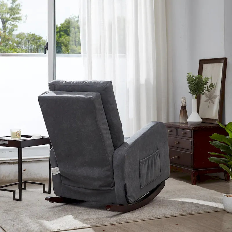 Modern 28.74 High Back Upholstered Buttons Tufted Rocking Chair with Solid Wood Legs and Side Pocket
