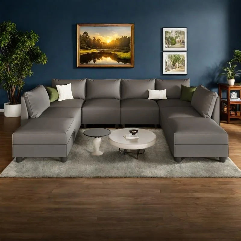 119.68 Linen U-Shaped Sectional Sofa with 8 Seater and Storage Ottoman