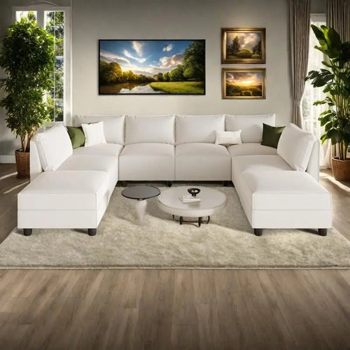 119.68 Linen U-Shaped Sectional Sofa with 8 Seater and Storage Ottoman