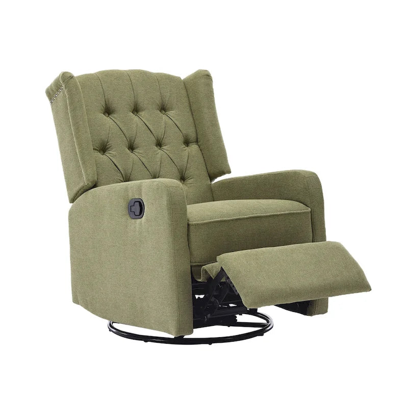 Olive Green Linen 360 Swivel Glider Rocker Manual Recliner with Button-tufted Backrest and Footrest for Living Room, Bedroom