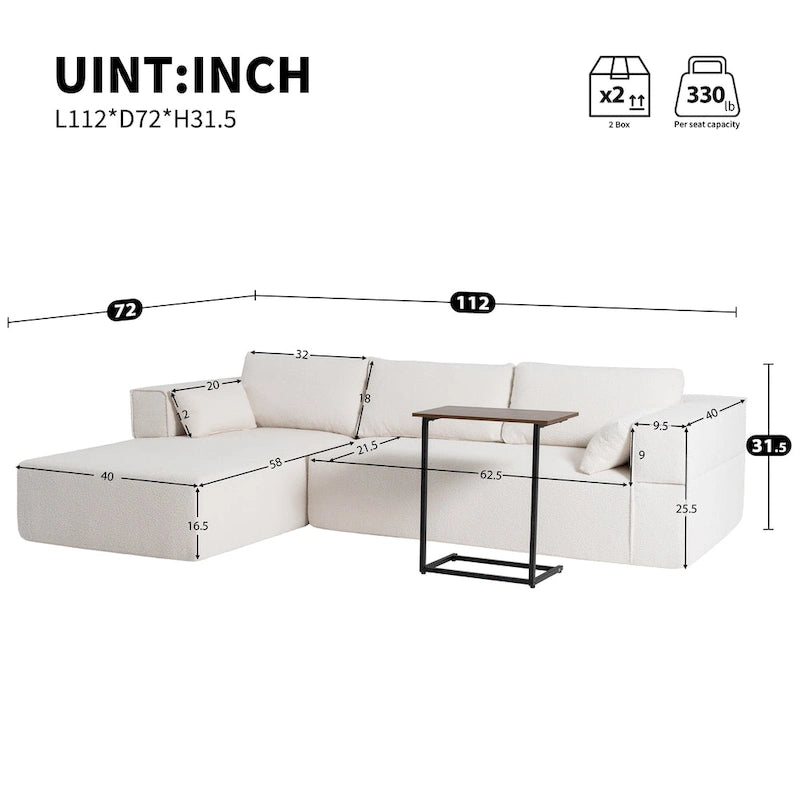 Divano componibile modulare Boucle 112 con tavolino laterale gratuito, design a seduta ampia e nessun assemblaggio richiesto
