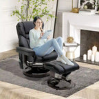 Black Faux Leather 360 Swivel Manual Recliner Set with Ottoman, 10 Vibration Massage Points, Side Pocket