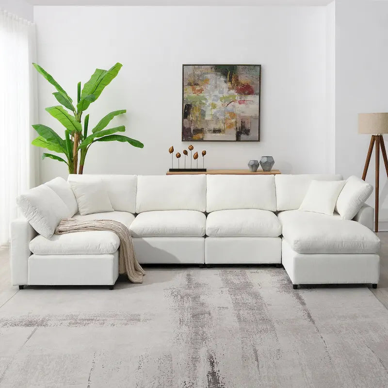 Beige 130 Chenille Cloud U-Shaped Sleeper Sectional Sofa, 6-Piece Modular Design