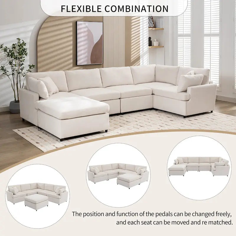 100.4 Spacious U-Shape 6 Seater Sectional Sofa with Removable Ottomans and Pillow, Flexible Configuration