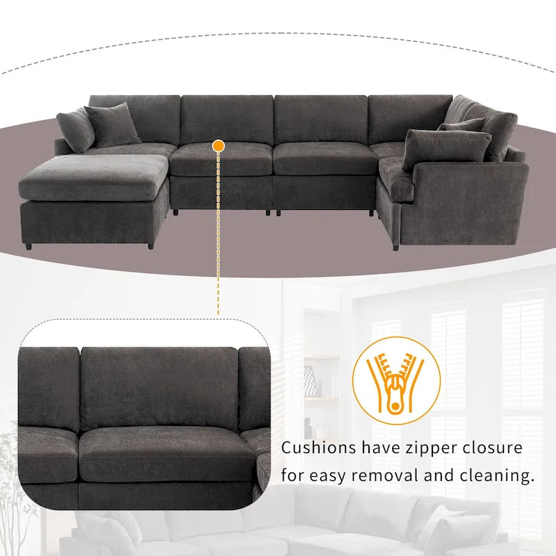 100.4 Spacious U-Shape 6 Seater Sectional Sofa with Removable Ottomans and Pillow, Flexible Configuration