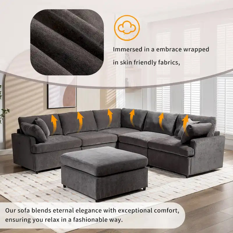 100.4 Spacious U-Shape 6 Seater Sectional Sofa with Removable Ottomans and Pillow, Flexible Configuration