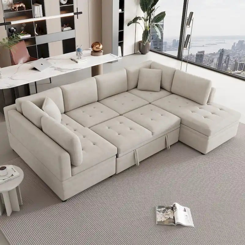 Divano a 6 posti di grandi dimensioni a forma di U, colore beige 117