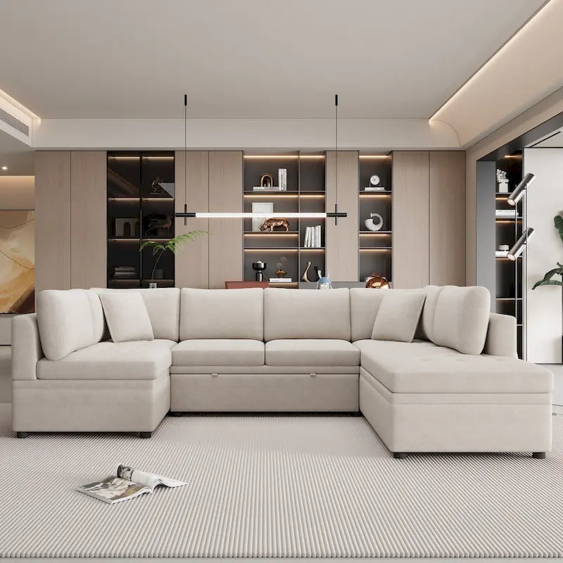 Divano a 6 posti di grandi dimensioni a forma di U, colore beige 117