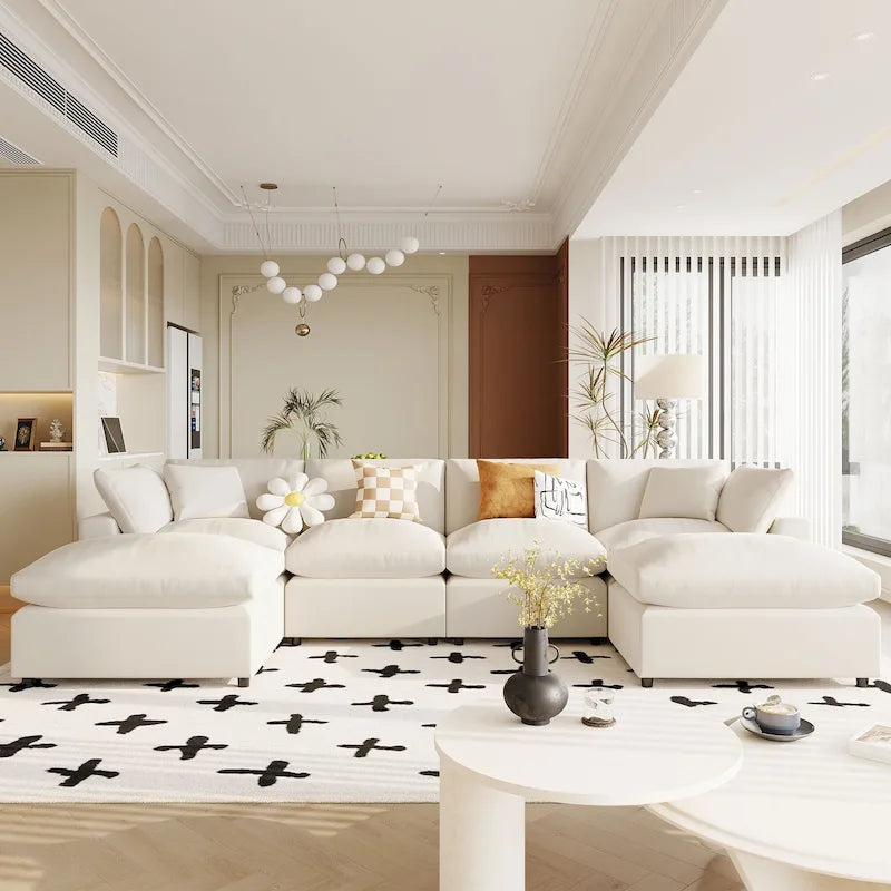 Divano Sezionale Moderno a U a 6 Posti Beige 134.40 con 2 Ampie Chaise Longue, Pouf Rimovibili e Cuscini Morbidi