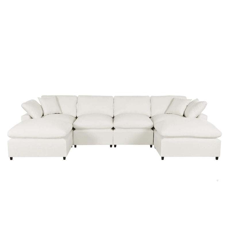 Divano Sezionale Moderno a U a 6 Posti Beige 134.40 con 2 Ampie Chaise Longue, Pouf Rimovibili e Cuscini Morbidi