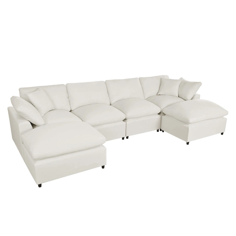 Divano Sezionale Moderno a U a 6 Posti Beige 134.40 con 2 Ampie Chaise Longue, Pouf Rimovibili e Cuscini Morbidi