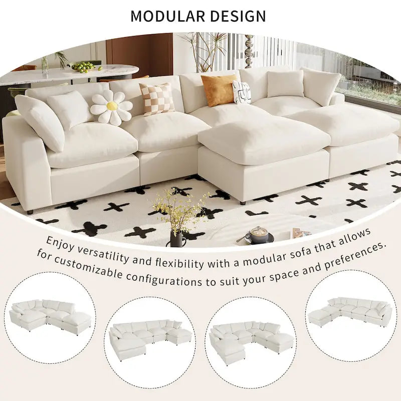 Divano Sezionale Moderno a U a 6 Posti Beige 134.40 con 2 Ampie Chaise Longue, Pouf Rimovibili e Cuscini Morbidi
