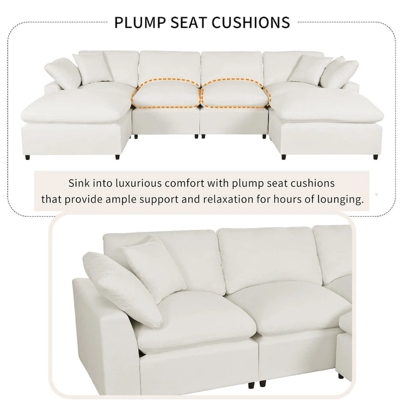 Divano Sezionale Moderno a U a 6 Posti Beige 134.40 con 2 Ampie Chaise Longue, Pouf Rimovibili e Cuscini Morbidi